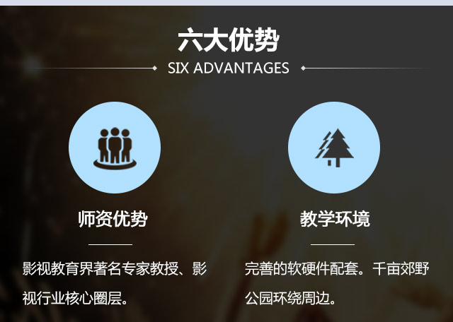 師資優勢:影視教育界著名專家教授、影完善的軟硬件配套。教學環境:千畝郊野視行業核心圈層。公園環繞周邊。