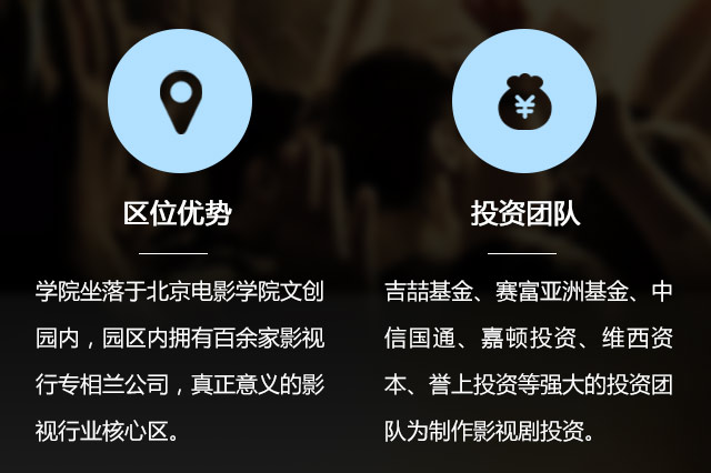 區位優勢:學院坐落于北京電影學院文創園內，園區內擁有百余家影視行專相蘭公司，真正意義的影視行業核心區。投資團隊:吉喆基金、賽富亞洲基金、中信國通、嘉頓投資、維西資本、譽上投資等強大的投資團隊為制作影視劇投資。